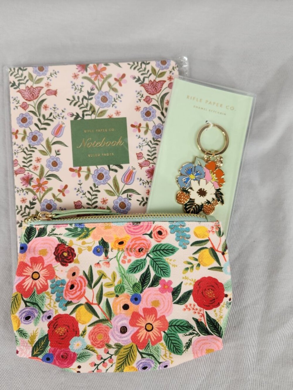 New Rifle Paper Company Lot 2 Notebooks ZIpper Pouch Keychain Floral Garden